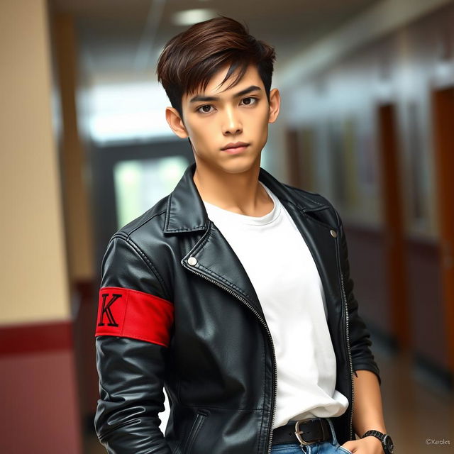 A confident young man named Kai wearing a red armband on his left arm, symbolizing his middle-class status and dominance