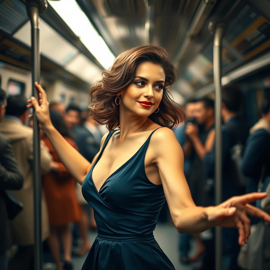 In a crowded subway, a mesmerizing Italian woman, exuding classic beauty, dances gracefully