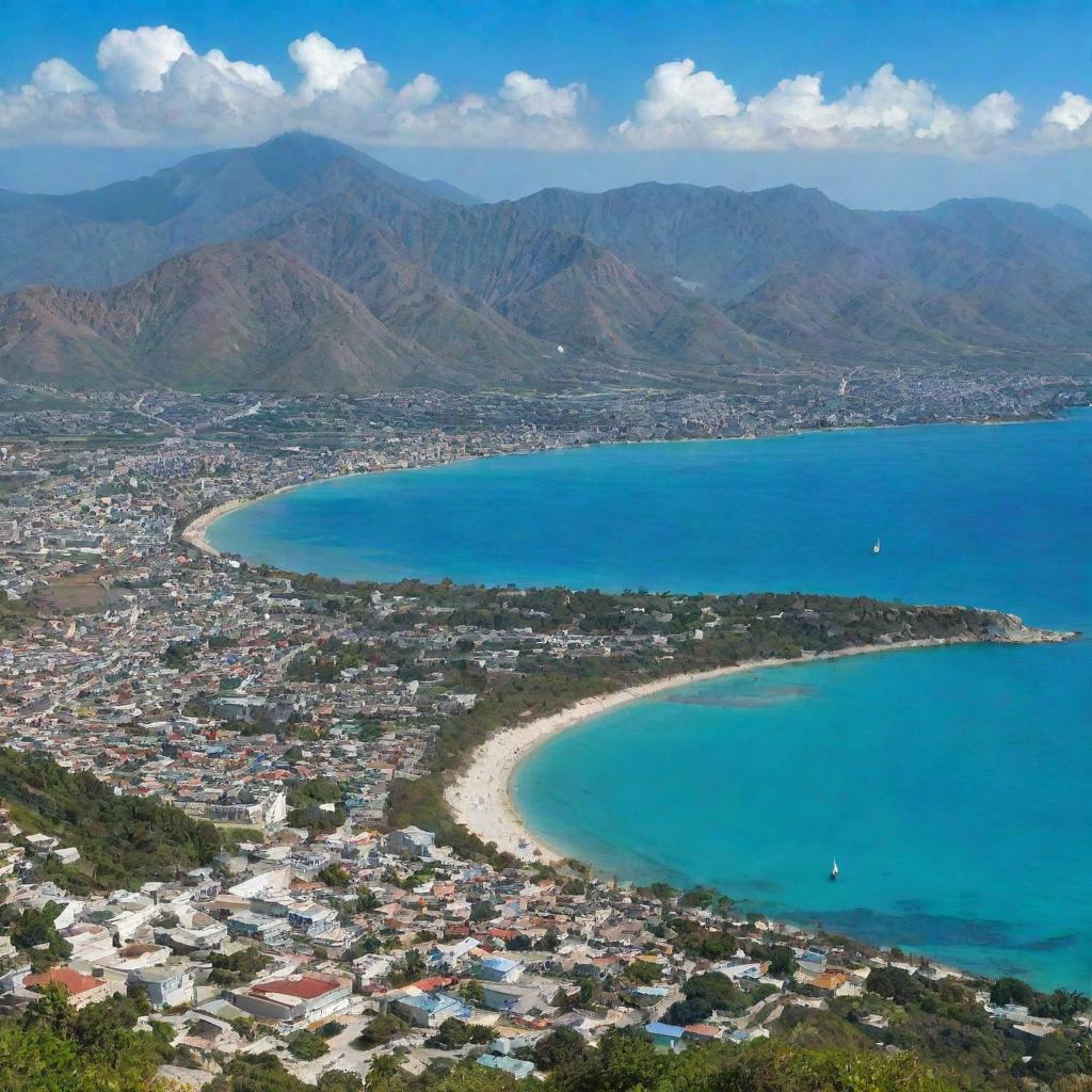 A panoramic view showcasing the rich culture and vibrant landscapes of Haiti, with distinct features of Port-au-Prince city, picturesque mountains, and clear blue coastline.