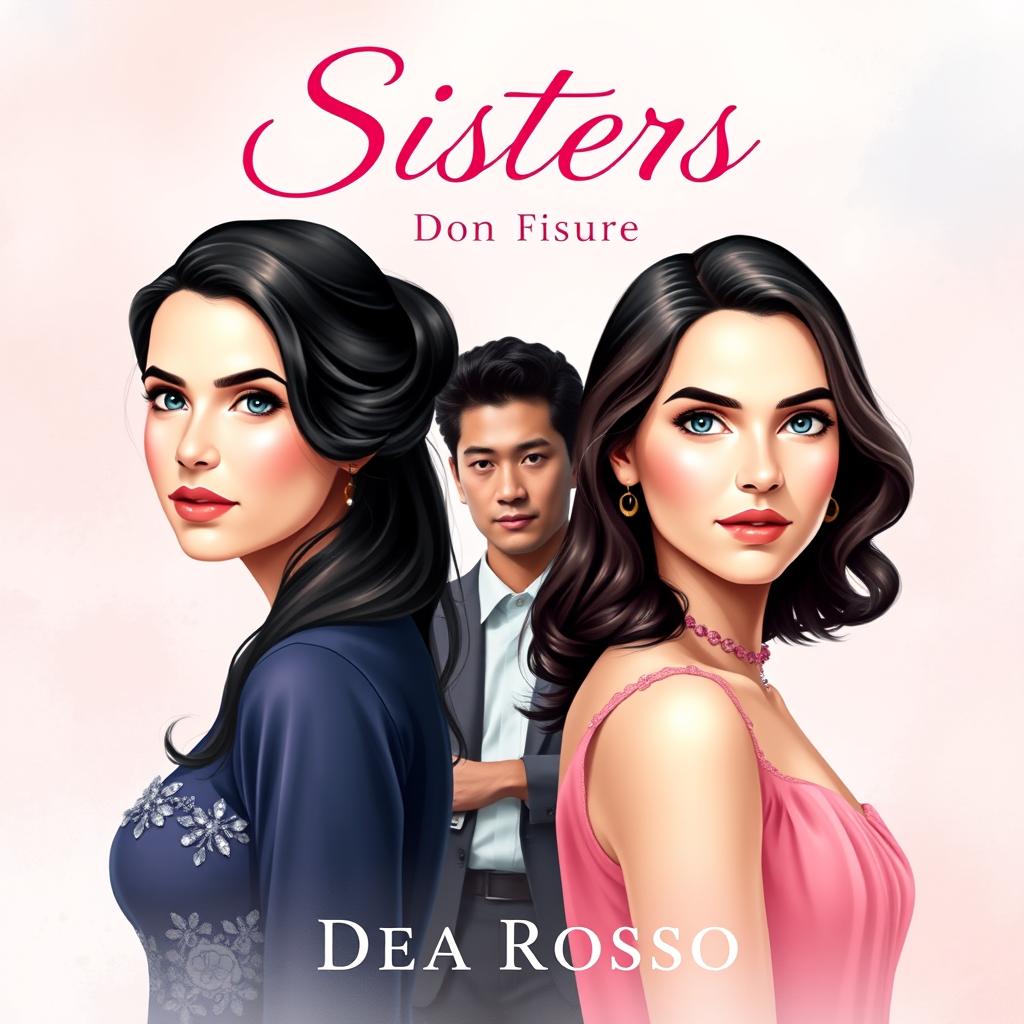 Cover design for a romantic novel titled "Sisters", depicting two twin sisters who look very similar but have slightly different facial expressions