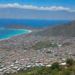 A panoramic view showcasing the rich culture and vibrant landscapes of Haiti, with distinct features of Port-au-Prince city, picturesque mountains, and clear blue coastline.