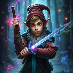 a very tall, handsome male teenage forest gnome without a beard, holding a sword with his hand