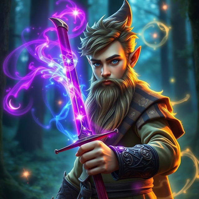 a very tall, handsome male teenage forest gnome without a beard, holding a sword with his hand