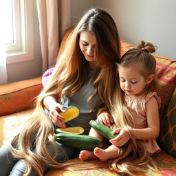 A mother with very long, silky, loose hair sitting on a couch with her daughter