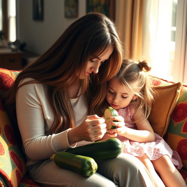 A mother with very long, silky, loose hair sitting on a couch with her daughter