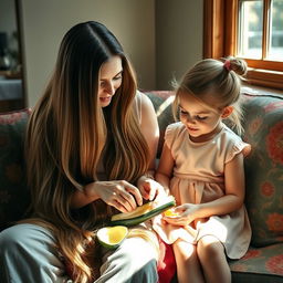 A mother with very long, silky, loose hair sitting on a couch with her daughter