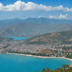 A panoramic view showcasing the rich culture and vibrant landscapes of Haiti, with distinct features of Port-au-Prince city, picturesque mountains, and clear blue coastline.