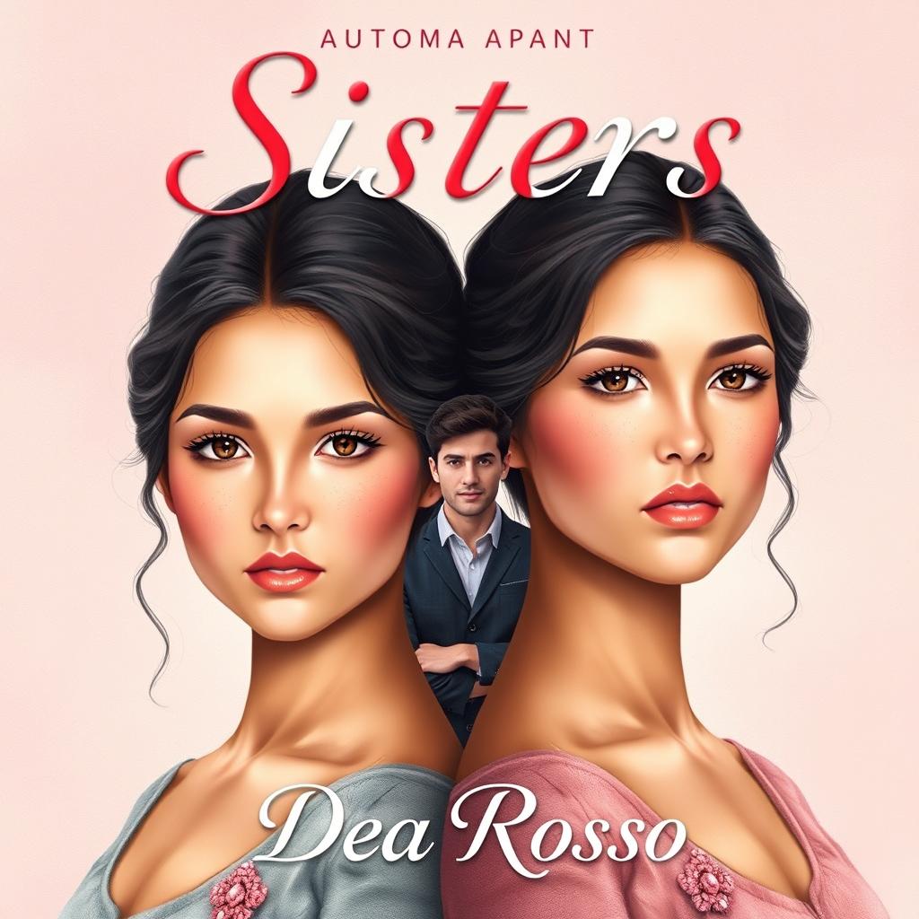 Realistic cover design for a romantic novel titled "Sisters", featuring two twin sisters looking nearly identical but with subtly different facial expressions