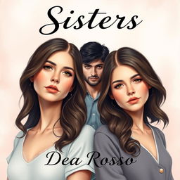 Realistic cover design for a romantic novel titled "Sisters", featuring two twin sisters looking nearly identical but with subtly different facial expressions