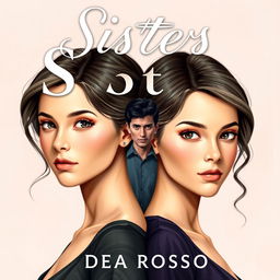 Realistic cover design for a romantic novel titled "Sisters", featuring two twin sisters looking nearly identical but with subtly different facial expressions