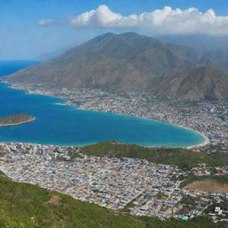 A panoramic view showcasing the rich culture and vibrant landscapes of Haiti, with distinct features of Port-au-Prince city, picturesque mountains, and clear blue coastline.