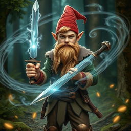 a very tall, handsome male teenage gnome without a beard, holding a sword confidently