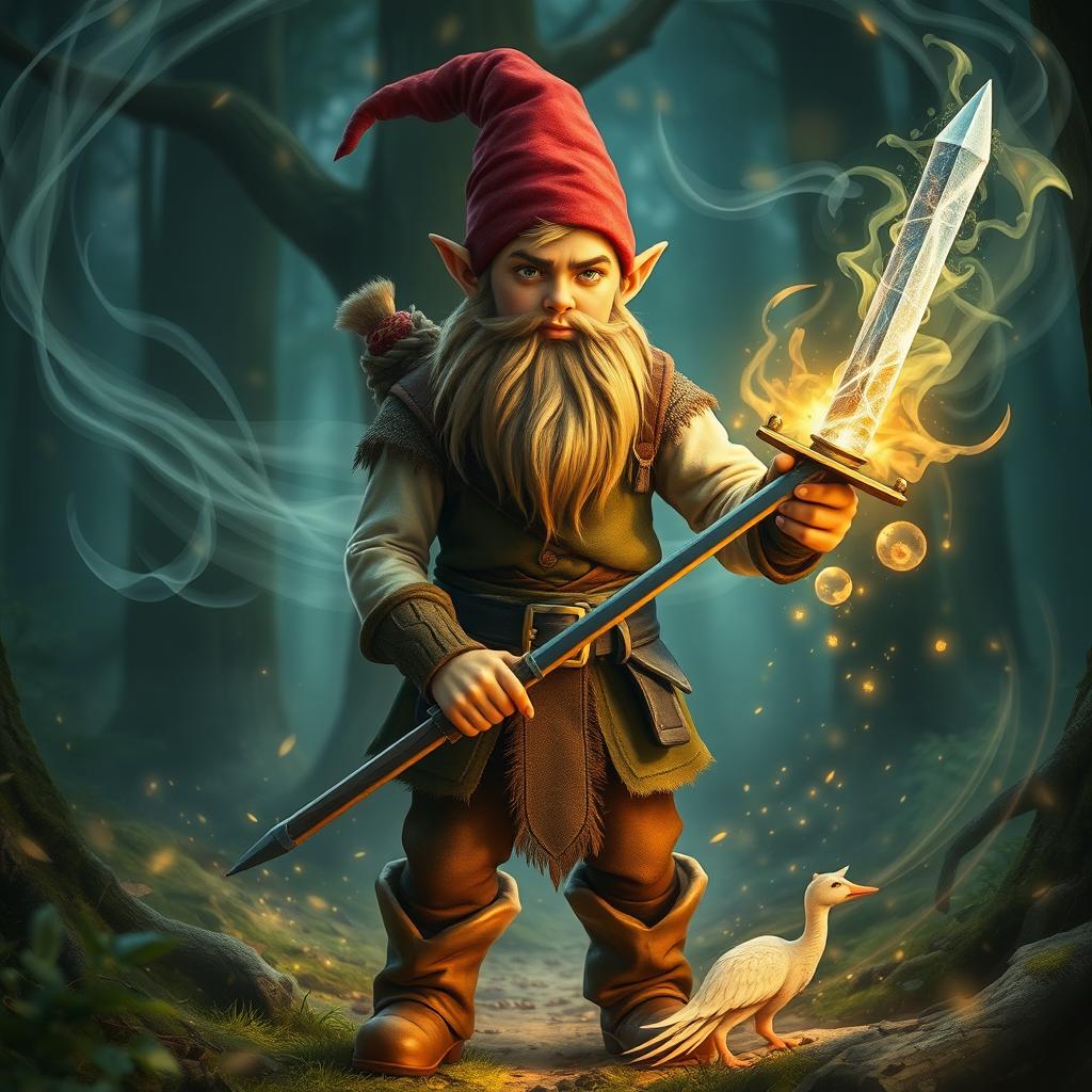 a very tall, handsome male teenage gnome without a beard, holding a sword confidently