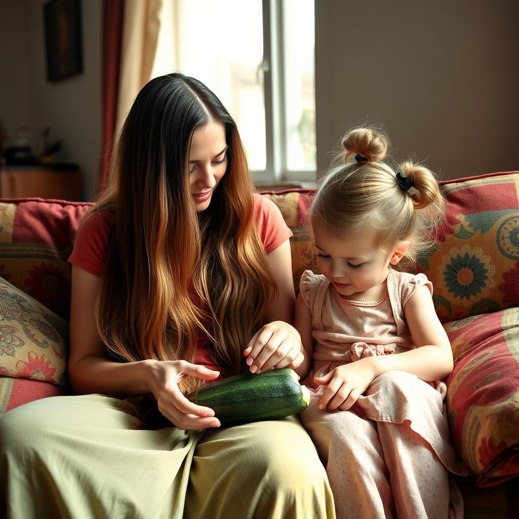 A mother with very long, silky, loose hair sitting on a couch with her daughter