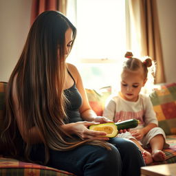 A mother with very long, silky, loose hair sitting on a couch with her daughter