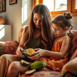 A mother with very long, silky, loose hair sitting on a couch with her daughter