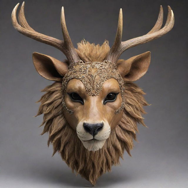 A majestic deer, featuring prominent antlers, cloaked in a smoothly-detailed lion mask. The mask should bear the fierce expression of a lion, creating a striking juxtaposition.