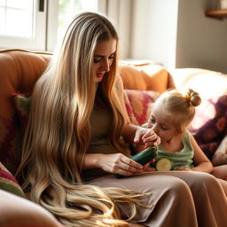 A mother with very long, silky, loose hair sitting on a couch with her daughter