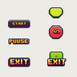 A set of pixel art interface buttons designed for a retro video game