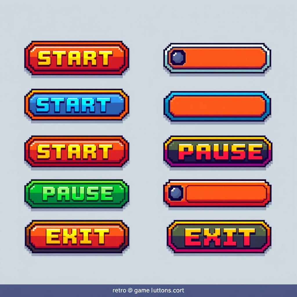 A set of pixel art interface buttons designed for a retro video game