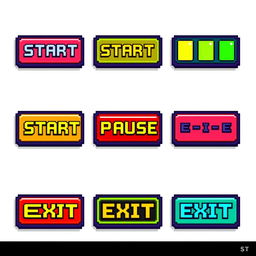 A set of pixel art interface buttons designed for a retro video game