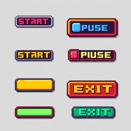 A set of pixel art interface buttons designed for a retro video game