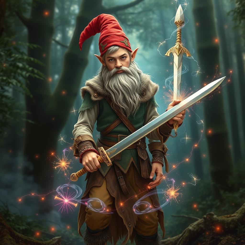 a very tall, handsome male teenage gnome without a beard, holding a sword in his hand