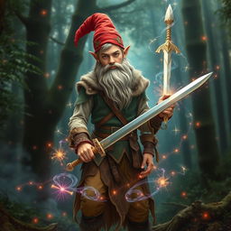 a very tall, handsome male teenage gnome without a beard, holding a sword in his hand