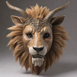 A majestic deer, featuring prominent antlers, cloaked in a smoothly-detailed lion mask. The mask should bear the fierce expression of a lion, creating a striking juxtaposition.