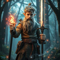 a very tall, handsome male teenage gnome without a beard, holding a sword in his hand