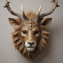 A majestic deer, featuring prominent antlers, cloaked in a smoothly-detailed lion mask. The mask should bear the fierce expression of a lion, creating a striking juxtaposition.