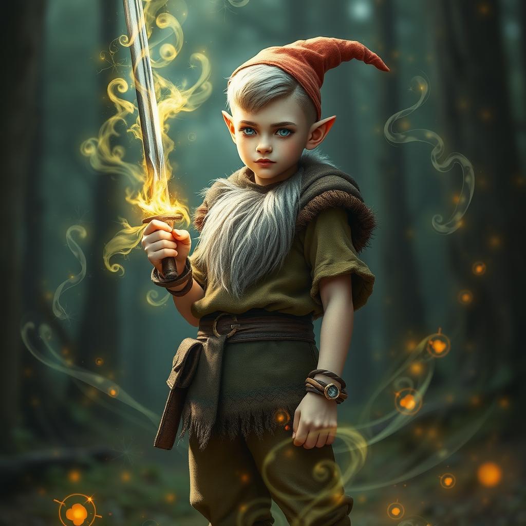 a very tall, handsome male teenage gnome without any hair, holding a sword in one hand