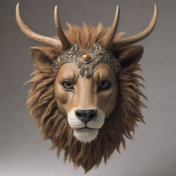 A majestic deer, featuring prominent antlers, cloaked in a smoothly-detailed lion mask. The mask should bear the fierce expression of a lion, creating a striking juxtaposition.