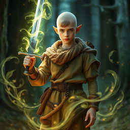 a very tall, handsome male teenage gnome without any hair, holding a sword in one hand