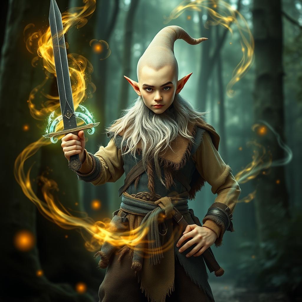 a very tall, handsome male teenage gnome without any hair, holding a sword in one hand