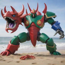 Depict an epic battle on the beach between a composite Megazord, made up of a red dragon, blue mammoth, and green phoenix, standing against a massive crab with its pincer locked on to the Megazord's arm. This intense showdown highlighting the full scope of these titanic figures.