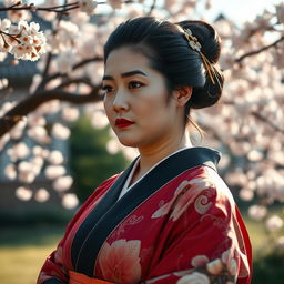 A plus-sized Japanese woman, showcasing traditional Japanese attire, with a serene expression and elegant posture