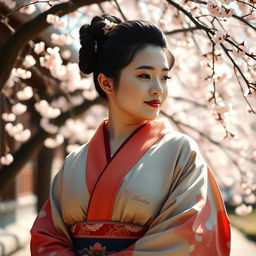 A plus-sized Japanese woman, showcasing traditional Japanese attire, with a serene expression and elegant posture