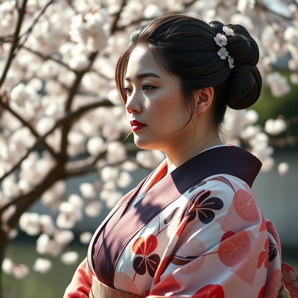 A plus-sized Japanese woman, showcasing traditional Japanese attire, with a serene expression and elegant posture