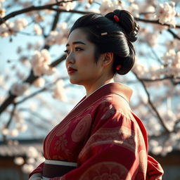 A plus-sized Japanese woman, showcasing traditional Japanese attire, with a serene expression and elegant posture