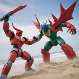 Depict an epic battle on the beach between a composite Megazord, made up of a red dragon, blue mammoth, and green phoenix, standing against a massive crab with its pincer locked on to the Megazord's arm. This intense showdown highlighting the full scope of these titanic figures.