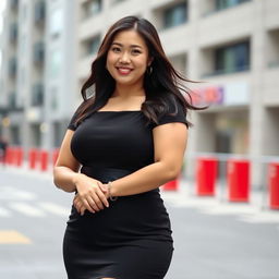 A plus-sized Japanese woman wearing a black mini dress, her expression confident and radiant