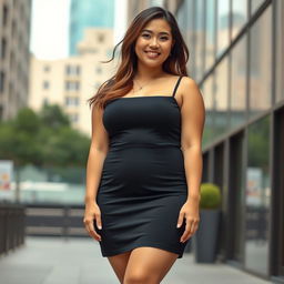 A plus-sized Japanese woman wearing a black mini dress, her expression confident and radiant