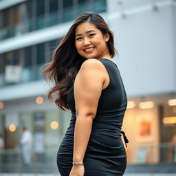 A plus-sized Japanese woman wearing a black mini dress, her expression confident and radiant