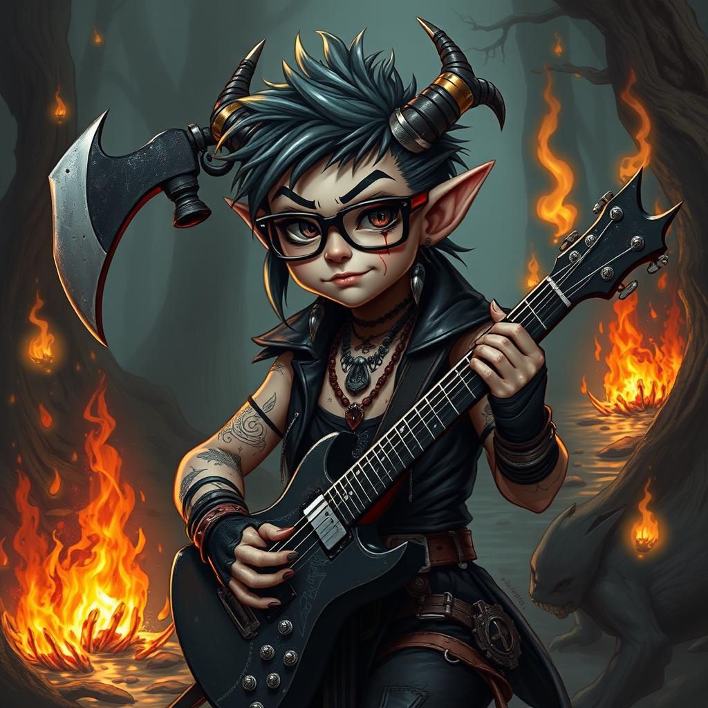 A short and nerdy Tiefling Bard Barbarian, showcasing thick glasses and an emo/scene hairstyle