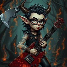 A short and nerdy Tiefling Bard Barbarian, showcasing thick glasses and an emo/scene hairstyle