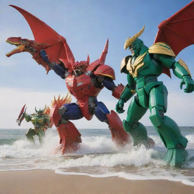 Depict an epic battle on the beach between a composite Megazord, made up of a red dragon, blue mammoth, and green phoenix, standing against a massive crab with its pincer locked on to the Megazord's arm. This intense showdown highlighting the full scope of these titanic figures.