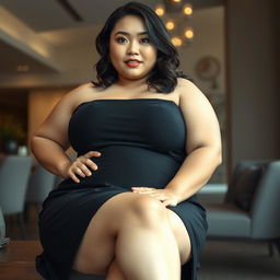 A plus-sized Japanese woman with a voluptuous figure wearing a black mini dress