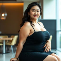 A plus-sized Japanese woman with a voluptuous figure wearing a black mini dress