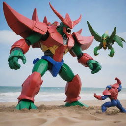 Depict an epic battle on the beach between a composite Megazord, made up of a red dragon, blue mammoth, and green phoenix, standing against a massive crab with its pincer locked on to the Megazord's arm. This intense showdown highlighting the full scope of these titanic figures.